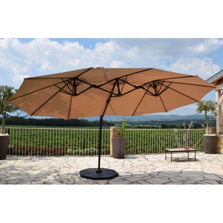 Parasol Ovale Taupe Deporwide 3 Têtes 2,70 x 4,6m - Mât Alu Toile Polyester 180g avec Manivelle