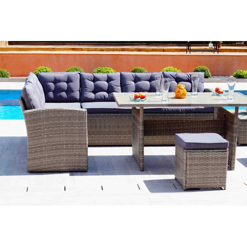 Salon de jardin d'angle et repas - 6 pièces en résine tressée