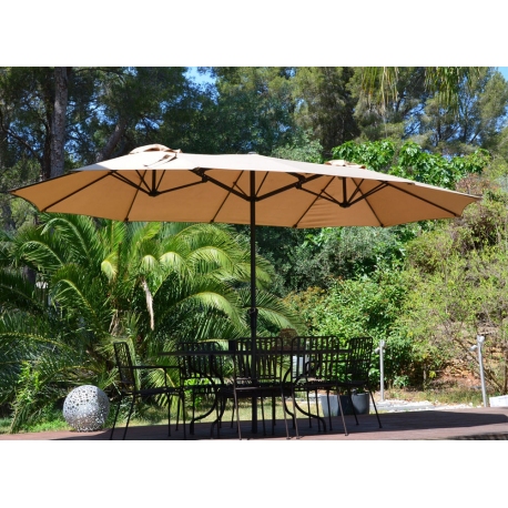 Parasol Wide Droit Taupe Ovale 3 Têtes 2,70 x 4,65m Mât Rond Alu Ø48mm Toile 180g Polyester avec Manivelle