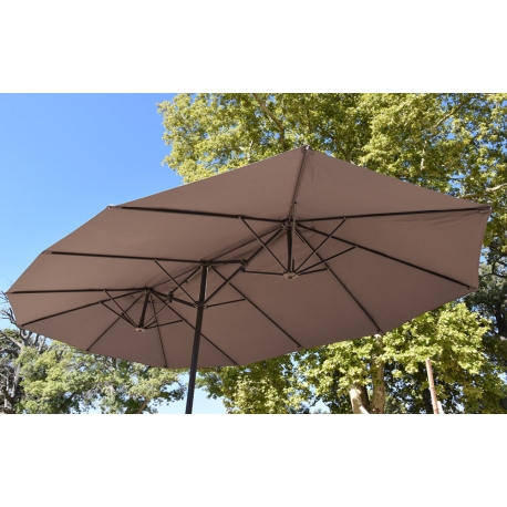 Parasol Wide Droit Taupe Ovale 3 Têtes 2,70 x 4,65m Mât Rond Alu Ø48mm Toile 180g Polyester avec Manivelle