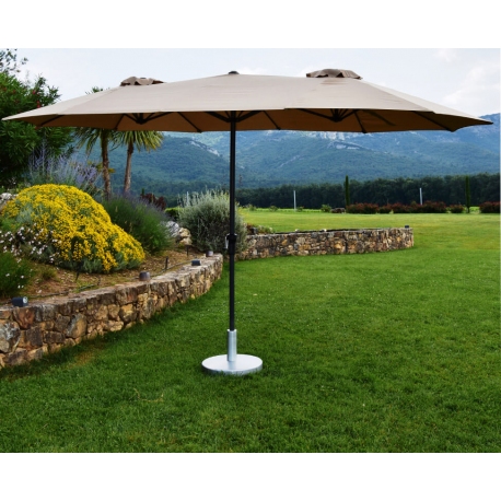 Parasol Wide Droit Taupe Ovale 3 Têtes 2,70 x 4,65m Mât Rond Alu Ø48mm Toile 180g Polyester avec Manivelle