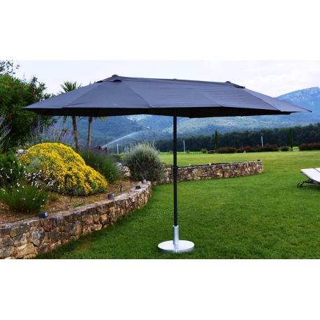 Parasol Wide Droit Gris Ovale 3 Têtes 2,70 x 4,65m Mât Rond Alu Ø48mm Toile 180g Polyester avec Manivelle