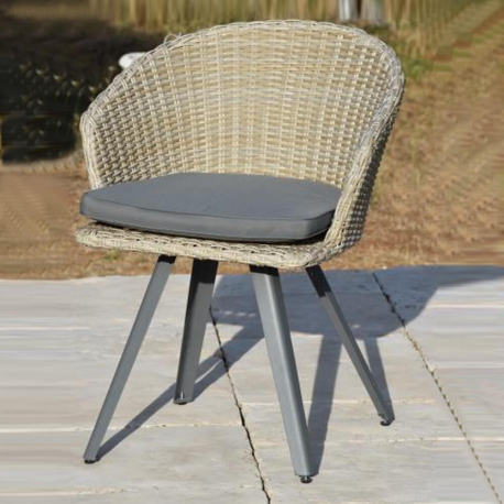 Fauteuil de jardin CESENA avec Coussin gris - Pied scandinave en métal Gris - Tressage demi rond chiné brun 62 x 62 x H79 cm