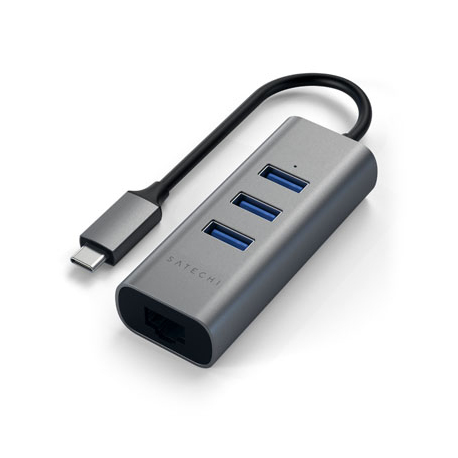 Hub Aluminium 2-en-1 Type-C vers 3x USB-A 3.0 et 1 Ethernet - Gris Foncé