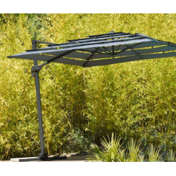 Parasol Déporté Taupe 3x3m Capeo Alu à Bandeaux LED Solaires Inclinables Orientables Pivotants 360° - Toile 250g avec manivelle