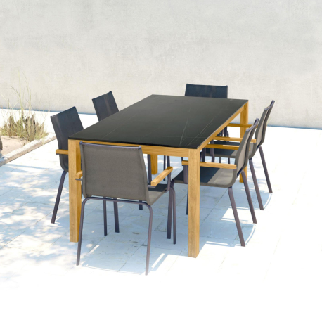 Table de Jardin DUNE En bois Acacia FSC 100% - Plateau Ceykolite marbre noir - Dimensions : 180 x 90 x 74 cm