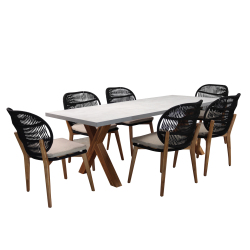 Grande Table de Jardin OXANE Pieds en bois Acacia FSC 100% - Dim: 220 x 95 x 74 cm et son lot de 6 chaises de Jardin