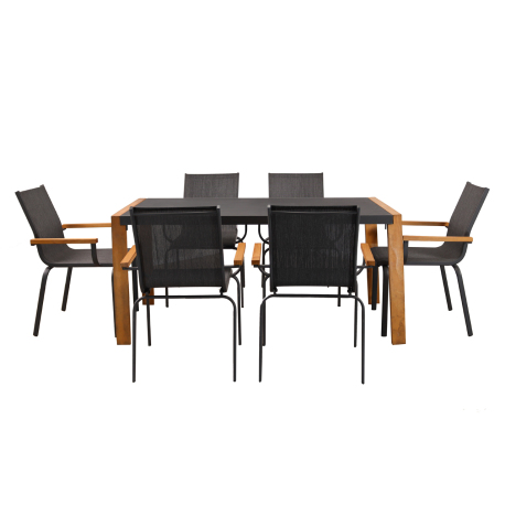 Table de Jardin DUNE En bois Acacia FSC 100% - Dim: 180 x 90 x 74 cm et son lot de 6 fauteuils Dim: 62 x 65 x 88 cm